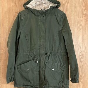 H&M Olive Sherpa Fleece Lined Hooded Utility Jacket